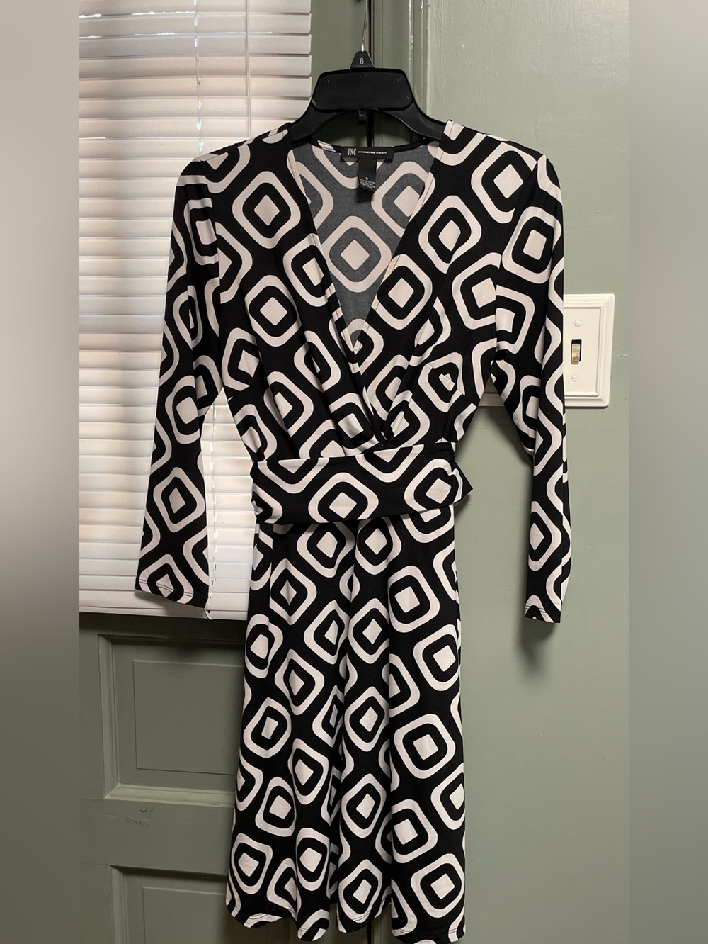 INC International Concepts Black & White Geometric Faux-Wrap Dress